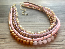 Load image into Gallery viewer, Pink Rose Quartz statement necklace, chunky bib beaded jewelry soft blush pink necklace, multi strand wood, Traveler Collection