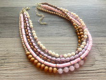 Load image into Gallery viewer, Pink Rose Quartz statement necklace, chunky bib beaded jewelry soft blush pink necklace, multi strand wood, Traveler Collection