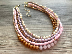 Pink Rose Quartz statement necklace, chunky bib beaded jewelry soft blush pink necklace, multi strand wood, Traveler Collection