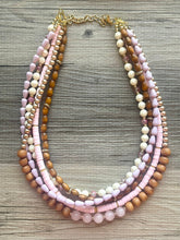 Load image into Gallery viewer, Pink Rose Quartz statement necklace, chunky bib beaded jewelry soft blush pink necklace, multi strand wood, Traveler Collection