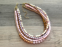 Load image into Gallery viewer, Pink Rose Quartz statement necklace, chunky bib beaded jewelry soft blush pink necklace, multi strand wood, Traveler Collection