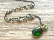 Load image into Gallery viewer, Green gemstone beaded long statement Necklace, gold pearl jewelry chunky bib beaded, layering vintage black chain necklace