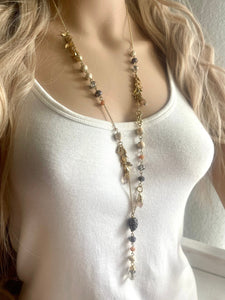 Neutral Lariat gemstone beaded long statement Necklace, gold pearl jewelry chunky bib beaded, layering vintage black chain necklace