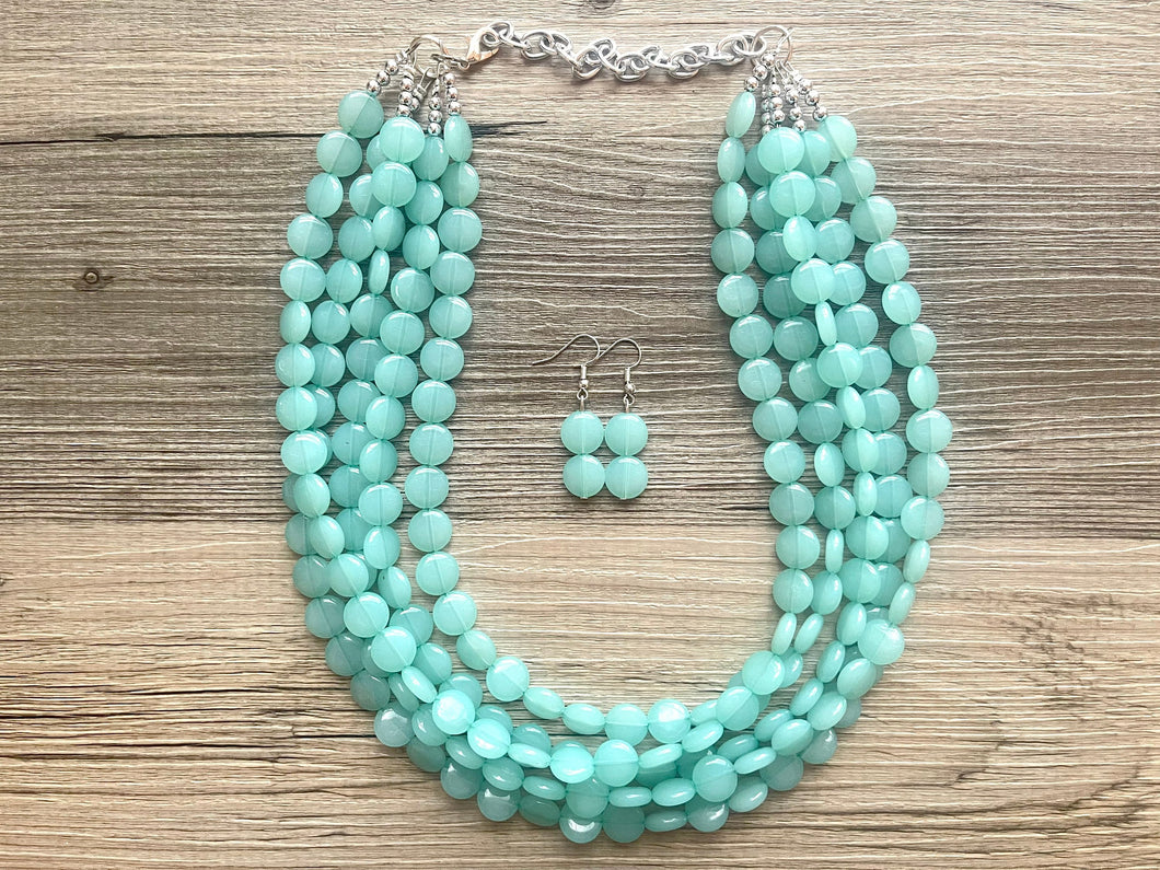 Mint Green Beaded Statement Necklace, beaded jewelry, light green jewelry, mojito beaded necklace, green earrings necklace, chunky