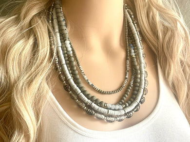Gray Quartz statement necklace, chunky bib beaded jewelry 5 strand neutral necklace, wood multi strand wood, Traveler Collection
