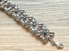 Load image into Gallery viewer, Lavender Vintage Statement bracelet, chunky vintage bracelet, purple green rhinestone beaded jewelry, chunky geometric pendant jewelry