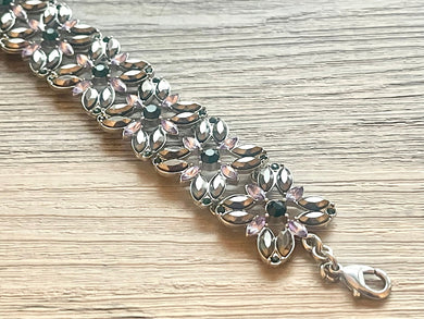 Lavender Vintage Statement bracelet, chunky vintage bracelet, purple green rhinestone beaded jewelry, chunky geometric pendant jewelry