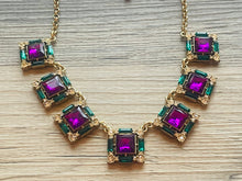 Load image into Gallery viewer, Rhinestone Fall Statement Necklace with major BLING, gold purple chunky necklace, statement jewelry, gemstone necklace, faux Diamond green