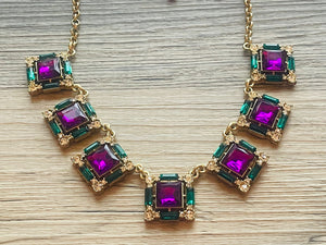 Rhinestone Fall Statement Necklace with major BLING, gold purple chunky necklace, statement jewelry, gemstone necklace, faux Diamond green