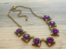 Load image into Gallery viewer, Rhinestone Fall Statement Necklace with major BLING, gold purple chunky necklace, statement jewelry, gemstone necklace, faux Diamond green