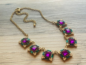 Rhinestone Fall Statement Necklace with major BLING, gold purple chunky necklace, statement jewelry, gemstone necklace, faux Diamond green