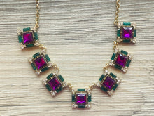 Load image into Gallery viewer, Rhinestone Fall Statement Necklace with major BLING, gold purple chunky necklace, statement jewelry, gemstone necklace, faux Diamond green