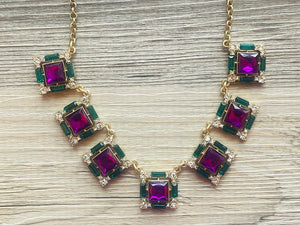 Rhinestone Fall Statement Necklace with major BLING, gold purple chunky necklace, statement jewelry, gemstone necklace, faux Diamond green