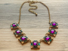 Load image into Gallery viewer, Rhinestone Fall Statement Necklace with major BLING, gold purple chunky necklace, statement jewelry, gemstone necklace, faux Diamond green