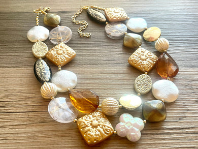 Luxe & Luxury OOAK statement Necklace, Brown gold tan resin Beaded Necklace, summer chunky champagne creamy jewelry