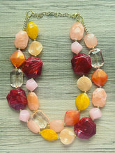 Load image into Gallery viewer, Coral Mosaic Mural Statement Necklace, chunky bib beaded jewelry, orange pink necklace, beaded acrylic jewelry peach red collar