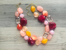 Load image into Gallery viewer, Coral Mosaic Mural Statement Necklace, chunky bib beaded jewelry, orange pink necklace, beaded acrylic jewelry peach red collar