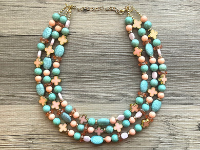 Bailey’s Chunky Statement Necklace, Big beaded jewelry, Triple Strand Statement coral peach aqua blue turquoise blush pink, blue jewelry