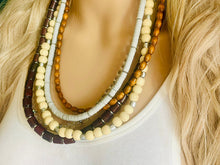 Load image into Gallery viewer, Gray Brown statement necklace, chunky bib beaded jewelry 5 strand neutral necklace, wood multi strand wood, Traveler Collection