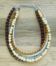 Load image into Gallery viewer, Gray Brown statement necklace, chunky bib beaded jewelry 5 strand neutral necklace, wood multi strand wood, Traveler Collection