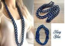 Load image into Gallery viewer, Long Acrylic necklace, navy blue linking acetate necklace, chain necklace, statement necklace jewelry, layering necklace dark blue