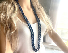 Load image into Gallery viewer, Long Acrylic necklace, navy blue linking acetate necklace, chain necklace, statement necklace jewelry, layering necklace dark blue