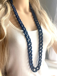 Long Acrylic necklace, navy blue linking acetate necklace, chain necklace, statement necklace jewelry, layering necklace dark blue