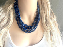 Load image into Gallery viewer, Long Acrylic necklace, navy blue linking acetate necklace, chain necklace, statement necklace jewelry, layering necklace dark blue