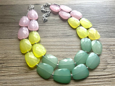 Pink & Green Chunky Statement Necklace, green pink beaded necklace jewelry, multi color jewelry multi strand necklace, bib chunky