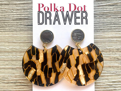 Black & Champagne Acrylic drop Earrings, gold drop Earrings, shiny jewelry earrings geometric large laser cut acetate mosaic lucite golden