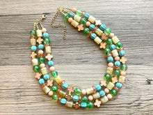 Load image into Gallery viewer, The Courtney Necklace, Triple strand bright jewelry, big beaded chunky statement, summer necklace, cream coral blue turquoise gold green