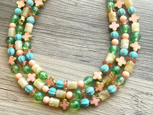 Load image into Gallery viewer, The Courtney Necklace, Triple strand bright jewelry, big beaded chunky statement, summer necklace, cream coral blue turquoise gold green