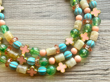 Load image into Gallery viewer, The Courtney Necklace, Triple strand bright jewelry, big beaded chunky statement, summer necklace, cream coral blue turquoise gold green