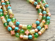 Load image into Gallery viewer, The Courtney Necklace, Triple strand bright jewelry, big beaded chunky statement, summer necklace, cream coral blue turquoise gold green