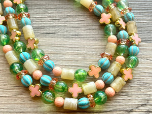 The Courtney Necklace, Triple strand bright jewelry, big beaded chunky statement, summer necklace, cream coral blue turquoise gold green