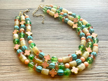 Load image into Gallery viewer, The Courtney Necklace, Triple strand bright jewelry, big beaded chunky statement, summer necklace, cream coral blue turquoise gold green