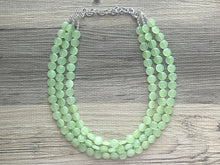 Load image into Gallery viewer, Honeydew Triple Strand statement necklace, round beaded chunky jewelry set, light green Bib silver earring mojito bridesmaid wedding