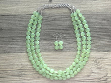 Load image into Gallery viewer, Honeydew Triple Strand statement necklace, round beaded chunky jewelry set, light green Bib silver earring mojito bridesmaid wedding