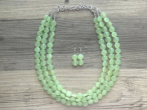 Honeydew Triple Strand statement necklace, round beaded chunky jewelry set, light green Bib silver earring mojito bridesmaid wedding