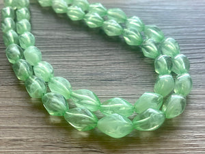 Green Grass Beaded Statement Necklace, beaded jewelry, green beaded necklace, light green necklace chunky beaded bib earrings