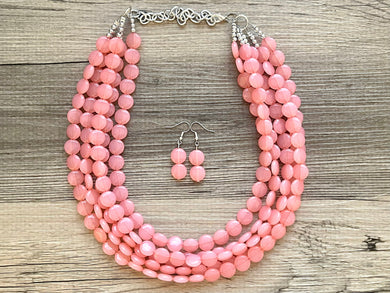 Sunny Coral 5 Strand statement necklace, round beaded chunky jewelry set, Coral Orange Bib silver earring peach bridesmaid wedding