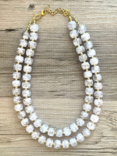 Load image into Gallery viewer, White &amp; Gold Geometric Bead Necklace, gold 2 Strand Statement Jewelry, clear Chunky bib, bridesmaid necklace, beaded jewelry painted