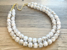 Load image into Gallery viewer, White &amp; Gold Geometric Bead Necklace, gold 2 Strand Statement Jewelry, clear Chunky bib, bridesmaid necklace, beaded jewelry painted