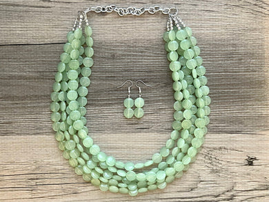 Honeydew 5 Strand statement necklace, round beaded chunky jewelry set, light green Bib silver earring mojito bridesmaid wedding grass