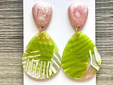 Pink & Green Drop earrings, oval earrings, tortoise jewelry, silver geometric earrings pierced dangle drop Statement, Mosaic pink
