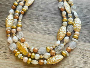 Gold Goddess chunky statement necklace, big beaded jewelry, gifts for women bib jewelry Multi-Strand metallic gold painted statement jewelry
