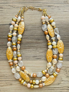 Gold Goddess chunky statement necklace, big beaded jewelry, gifts for women bib jewelry Multi-Strand metallic gold painted statement jewelry
