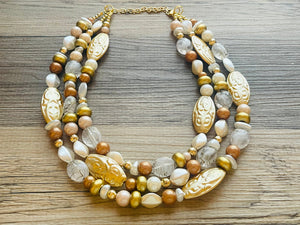 Gold Goddess chunky statement necklace, big beaded jewelry, gifts for women bib jewelry Multi-Strand metallic gold painted statement jewelry