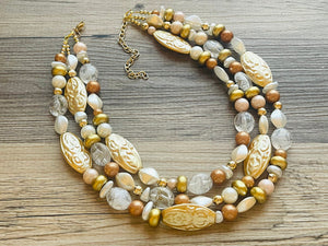 Gold Goddess chunky statement necklace, big beaded jewelry, gifts for women bib jewelry Multi-Strand metallic gold painted statement jewelry
