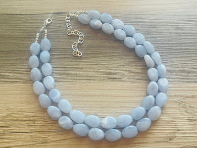 Chambray Double Strand Statement Necklace,  Chunky Periwinkle Oval Beaded Bib Jewelry earrings, sky blue jewelry set, baby blue jewelry